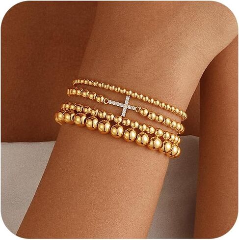 Gold Beaded Bracelets Set for Women - Valentines Gifts for Her 14k Gold-Plated Dainty Round Bead Cross Bracelet for Women Gifts Stackable Bracelet Jewelry 4 PCS in Saudi Arabia