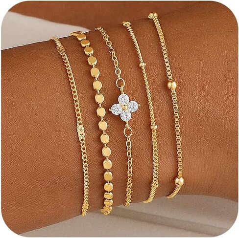 Gold Beaded Bracelets Set for Women - Valentines Gifts for Her 14k Gold-Plated Dainty Round Bead Cross Bracelet for Women Gifts Stackable Bracelet Jewelry 4 PCS in Saudi Arabia