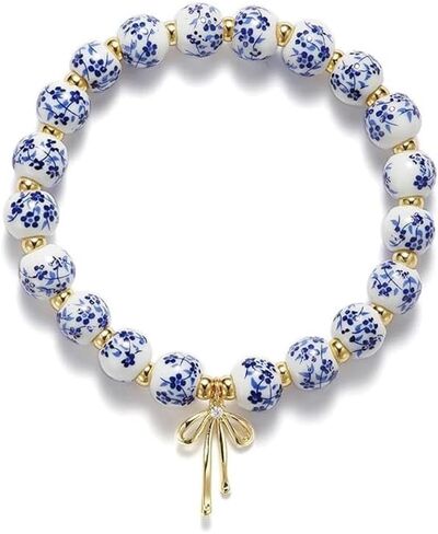 1PC Beaded Bow Charm Bracelet for Women, Porcelain Bead Jewelry Ancessoires, Blue and White Floral Bow Design Bracelet for Women, Fashion Accessory for Your Wrist (Blue&White) in Saudi Arabia