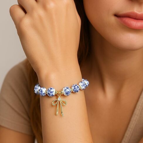 1PC Beaded Bow Charm Bracelet for Women, Porcelain Bead Jewelry Ancessoires, Blue and White Floral Bow Design Bracelet for Women, Fashion Accessory for Your Wrist (Blue&White) in Saudi Arabia