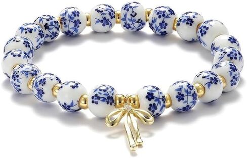 1PC Beaded Bow Charm Bracelet for Women, Porcelain Bead Jewelry Ancessoires, Blue and White Floral Bow Design Bracelet for Women, Fashion Accessory for Your Wrist (Blue&White) in Saudi Arabia