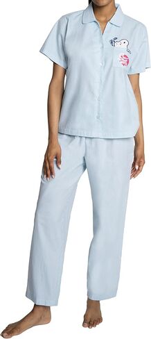 Peanuts Women's 2-Piece Short Sleeve Buttondown Pj Top and Pants Matching Snoopy Pajama Set in Saudi Arabia