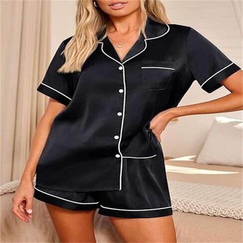 Women's Silk Satin Pajama Sets 2 Piece Knitted Thread Short Sleeve Shorts Pajamas in Saudi Arabia