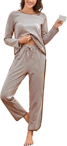 Womens Cotton Pajama Sets Stripe 2 Piece Lounge Set Long Sleeve Pj Set Comfy Loungewear Sleepwear with Pockets in Saudi Arabia