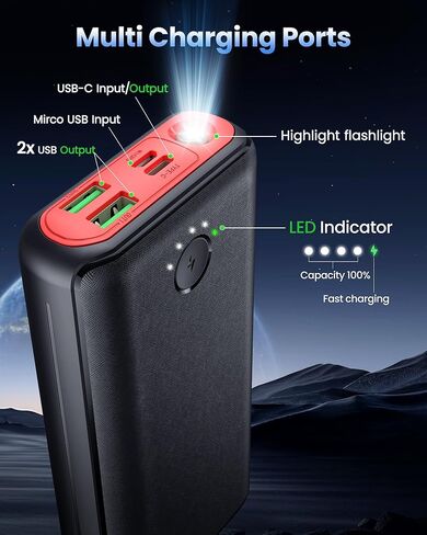 شاحن محمول باور بانك 40000 مللي أمبير، USB C شحن سريع 22.5 وات حزمة بطارية خارجية شاحن هاتف شحن سريع مع 3 مخارج ومدخلين لهاتف iPhone 16/15 Samsung Android Camping Travel Essentials in Kuwait