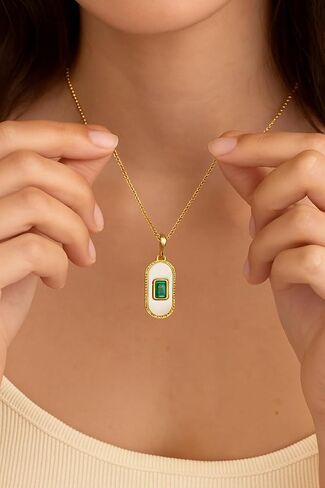 Ora & Eve Emerald Pendant Necklace for Women – 18K Gold Plated Oval Charm with White Enamel – Waterproof & Tarnish-Resistant Dainty Jewelry Gift in Saudi Arabia