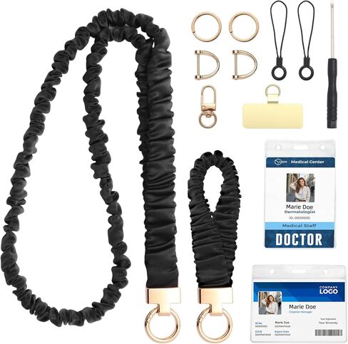Scrunchie Lanyard Set for Double Wear: Long Neck & Short Wristlet with Key Rings. Stretchy Teacher Lanyard with ID Holder for Office, Nurse, School – Includes Essential Keychain Clips(Black) in Saudi Arabia