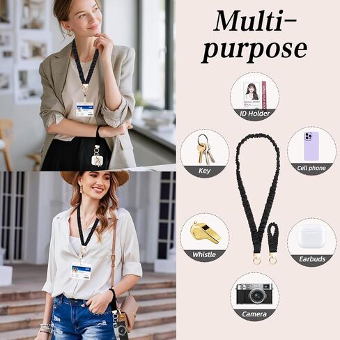 Scrunchie Lanyard Set for Double Wear: Long Neck & Short Wristlet with Key Rings. Stretchy Teacher Lanyard with ID Holder for Office, Nurse, School – Includes Essential Keychain Clips(Black) in Saudi Arabia