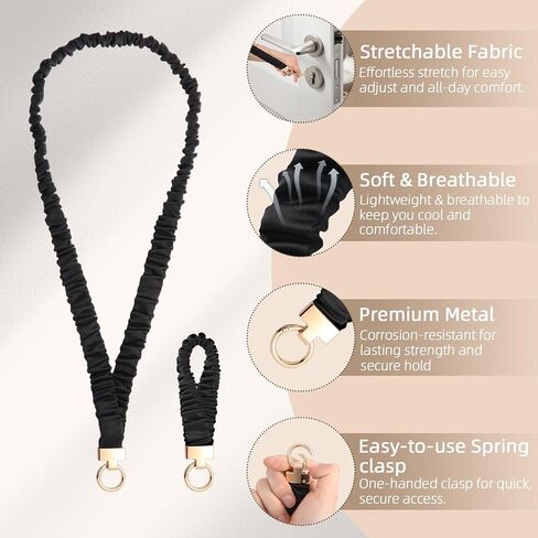 Scrunchie Lanyard Set for Double Wear: Long Neck & Short Wristlet with Key Rings. Stretchy Teacher Lanyard with ID Holder for Office, Nurse, School – Includes Essential Keychain Clips(Black) in Saudi Arabia