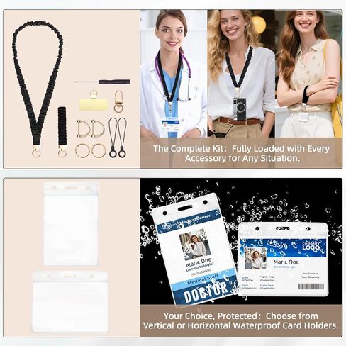 Scrunchie Lanyard Set for Double Wear: Long Neck & Short Wristlet with Key Rings. Stretchy Teacher Lanyard with ID Holder for Office, Nurse, School – Includes Essential Keychain Clips(Black) in Saudi Arabia