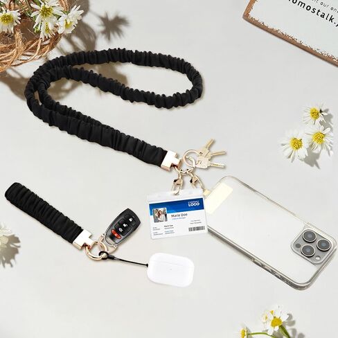 Scrunchie Lanyard Set for Double Wear: Long Neck & Short Wristlet with Key Rings. Stretchy Teacher Lanyard with ID Holder for Office, Nurse, School – Includes Essential Keychain Clips(Black) in Saudi Arabia