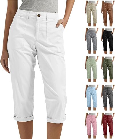 البضائع Capris للنساء الصيف عادية مستقيم الساق صغيرتي طول اقتصاص السراويل تمتد توالت هيم برمودا السراويل مع جيوب in Kuwait