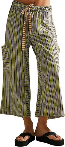 ebossy Womens Drawstring Striped Palazzo Pants Colorful Wide Leg Trousers Y2K Flowy Beach Pants with Pockets in Saudi Arabia