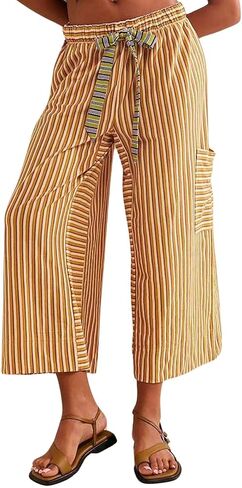 ebossy Womens Drawstring Striped Palazzo Pants Colorful Wide Leg Trousers Y2K Flowy Beach Pants with Pockets in Saudi Arabia