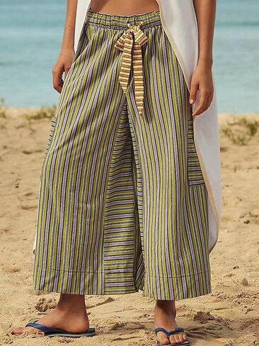ebossy Womens Drawstring Striped Palazzo Pants Colorful Wide Leg Trousers Y2K Flowy Beach Pants with Pockets in Saudi Arabia