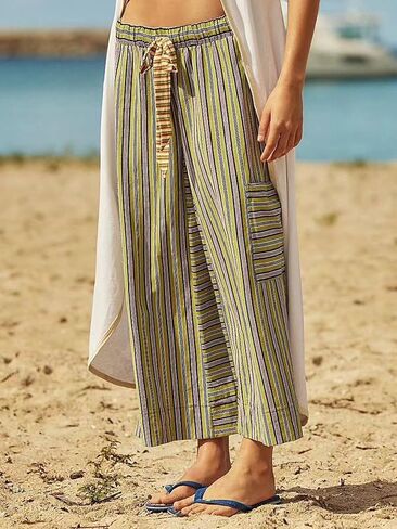 ebossy Womens Drawstring Striped Palazzo Pants Colorful Wide Leg Trousers Y2K Flowy Beach Pants with Pockets in Saudi Arabia