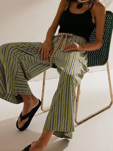 ebossy Womens Drawstring Striped Palazzo Pants Colorful Wide Leg Trousers Y2K Flowy Beach Pants with Pockets in Saudi Arabia