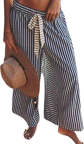 ebossy Womens Drawstring Striped Palazzo Pants Colorful Wide Leg Trousers Y2K Flowy Beach Pants with Pockets in Saudi Arabia