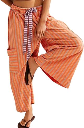 ebossy Womens Drawstring Striped Palazzo Pants Colorful Wide Leg Trousers Y2K Flowy Beach Pants with Pockets in Saudi Arabia