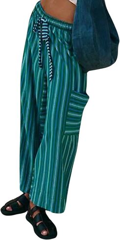 ebossy Womens Drawstring Striped Palazzo Pants Colorful Wide Leg Trousers Y2K Flowy Beach Pants with Pockets in Saudi Arabia