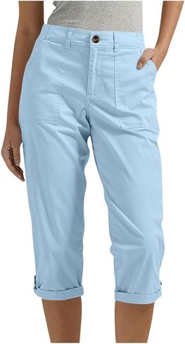 البضائع Capris للنساء الصيف عادية مستقيم الساق صغيرتي طول اقتصاص السراويل تمتد توالت هيم برمودا السراويل مع جيوب in Kuwait
