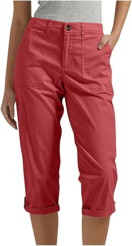 البضائع Capris للنساء الصيف عادية مستقيم الساق صغيرتي طول اقتصاص السراويل تمتد توالت هيم برمودا السراويل مع جيوب in Kuwait