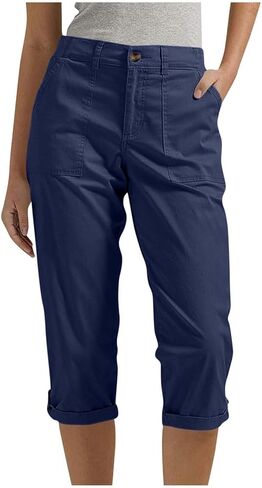البضائع Capris للنساء الصيف عادية مستقيم الساق صغيرتي طول اقتصاص السراويل تمتد توالت هيم برمودا السراويل مع جيوب in Kuwait