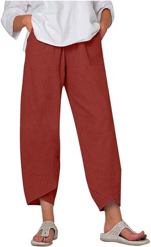 Women's Capri Pants Casual Summer Cotton Cropped Lounge Pants 2026 Elastic Waisted Tulip Trousers with Pockets in Saudi Arabia