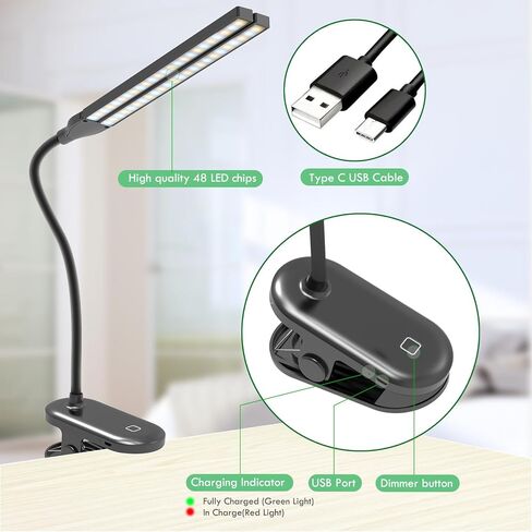 deaunbr LED ضوء القراءة مع مقطع، مصباح مكتب 48 LEDs 2600 مللي أمبير بطارية USB قابلة للشحن أضواء الكتاب ستبليس قابل للتعديل سطوع قابل للتعديل مصابيح طاولة حماية العين للسرير الأمامي، المنزل، المكتب - أسود in Saudi Arabia