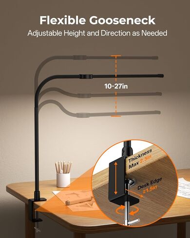 مصباح مكتب مع مشبك، مصباح مكتب LED للعناية بالعين للمكتب المنزلي مع رقبة معقوفة، مشبك على الضوء مع 3 أوضاع ألوان للعمل والقراءة والرسم in Kuwait