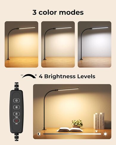 مصباح مكتب مع مشبك، مصباح مكتب LED للعناية بالعين للمكتب المنزلي مع رقبة معقوفة، مشبك على الضوء مع 3 أوضاع ألوان للعمل والقراءة والرسم in Kuwait