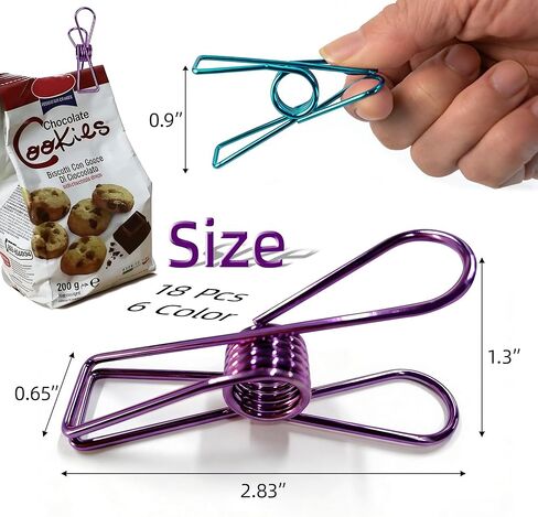 18 Pcs Metal Chip Clips, 2.8 Inch Large Bag Clips for Food, Clothespins & Paper Clip, Rustproof Chip Bag Clip with Strong Grip for Cereal, Snacks, Clothes Organization (6 Colors) in Kuwait