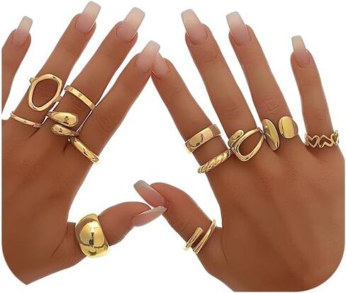 12Pcs Gold Chunky Rings 18K Gold Plated Stackable Open Knuckle Ring Set Hollow Heart Twist Croissant Dome Band Statement Finger Rings for Women Gold Silver Tone Adjustable in Saudi Arabia