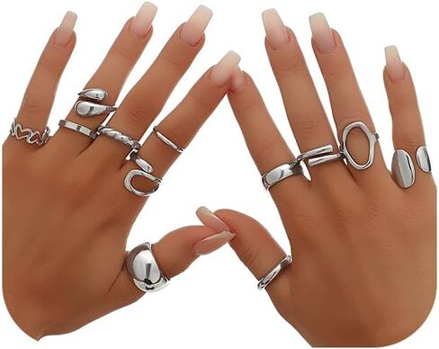 12Pcs Gold Chunky Rings 18K Gold Plated Stackable Open Knuckle Ring Set Hollow Heart Twist Croissant Dome Band Statement Finger Rings for Women Gold Silver Tone Adjustable in Saudi Arabia