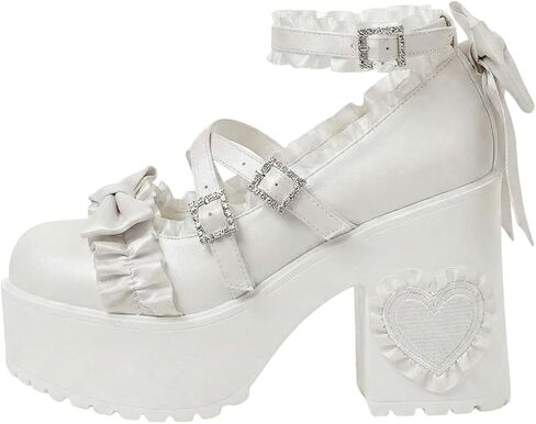 Women Lolita Square Close Toe Mary Jane Platform Lace Cute Bow Chunky Heels Height Increase Kawaii Strappy Shoes in Kuwait