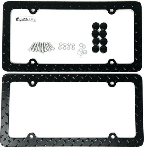 Universal Heavy Duty Metal Diamond Plate Plated License Plate Frame Cool Decorative Design License Plate Frame with Screws Caps, Set of 2 for Any Vehicle (Black) in Kuwait