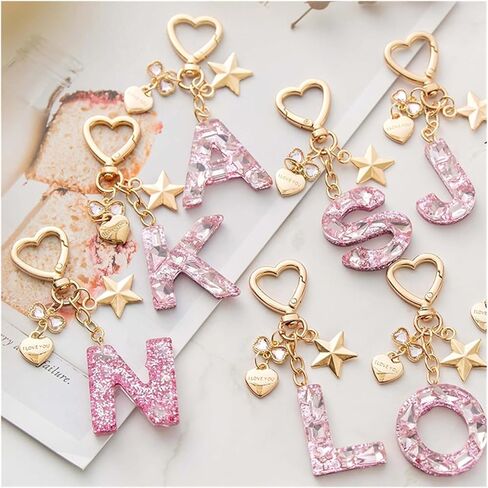 Pink Letter Keychain with Sequin - Personalized Initial, Heart & Butterfly Charm, Epoxy Resin Gift for Her, Women in Saudi Arabia