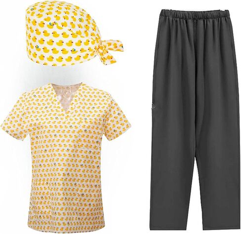 مستلزمات طبية مطبوعة للنساء، ملابس عمل طبية احترافية، بلوزة برقبة على شكل حرف V وسراويل فرك مع 9 جيوب in Kuwait