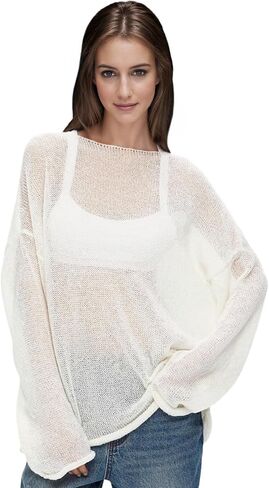 JUMISEE Women’s See Through Oversized Sweater Flared Long Sleeve Loose Pullovers Fashion Knit Blouse Tee Tops in Saudi Arabia
