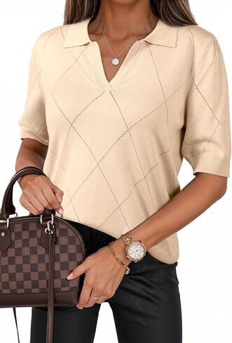 Dokotoo Women Short Sleeve Polo Sweater V Neck Knitted Tops Casual Ribbed Shirt Loose Pullover Sweater in Saudi Arabia