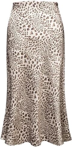 Womens Leopard Print Skirt Midi Long Length Silk Satin High Waist Elastic Skirts in Kuwait