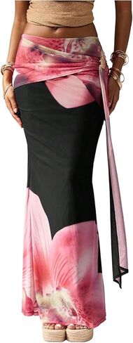 Women's Floral Mesh Maxi Skirts Low Waist Fishtail Bodycon Going Out Skirts in Kuwait