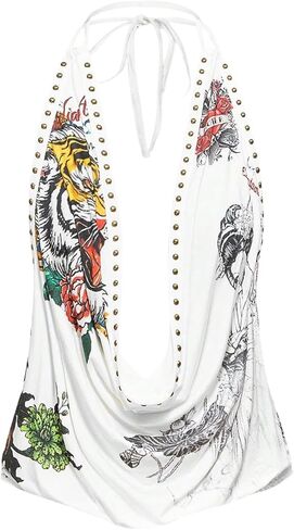 Floerns Women's Animal Deep V Neck Halter Tops Rivet Draped Open Back Going Out Tank Top in Saudi Arabia