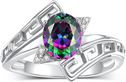 Rylos Greek Key Designer Ring with 9X7MM Gemstone & Diamond Accent – Chic Jewelry for Women and in Sterling Silver – Available in Sizes 5-10 in Saudi Arabia