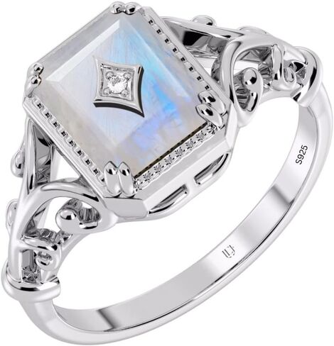 Elammo حقيقية الأوجه قوس قزح القمر حجر القمر 925 الفضة الاسترليني خاتم للنساء آرت ديكو أصيلة الأحجار الكريمة خمر خطوبة وعد اقتراح خاتم هدية لها in Kuwait