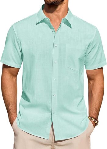 قمصان كتان للرجال بأكمام قصيرة وأزرار سفلية، قميص كاجوال قطني للشاطئ صيفي بياقة مع جيب in Kuwait