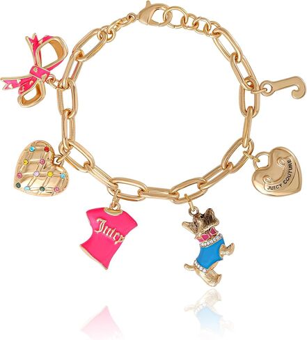 سوار Juicy Couture Scottie Dog Charm مقاس 7.5 بوصة، سوار مكتنز ذهبي اللون مع سكوتي وفيونكة وشعار وسحر على شكل قلب in Saudi Arabia