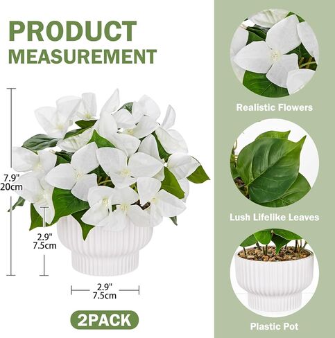 2 Pack Artificial Bougainvillea Plant with Pot, Fake Bougainvillea Flower Potted Plant for Indoor Home Living Room Office Wedding Party Tabletop Decoration, White in Saudi Arabia
