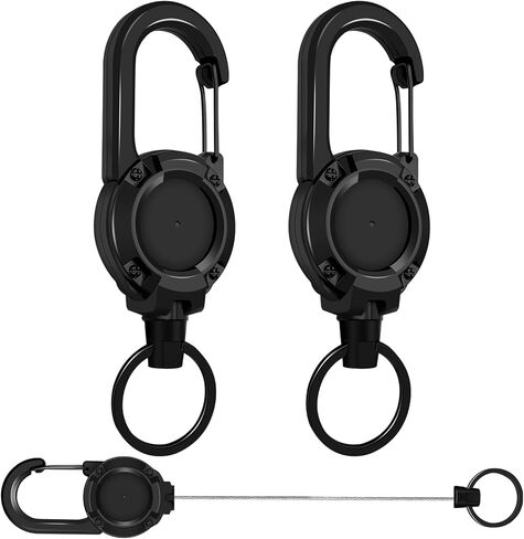Retractable Keychain 2 Piece Heavy Duty Carabiner Badge Holder Retractable Badge Reel Key Ring Key Holder for 8.0 oz with 24" Steel Cord Lanyard Clip (Black) in Saudi Arabia