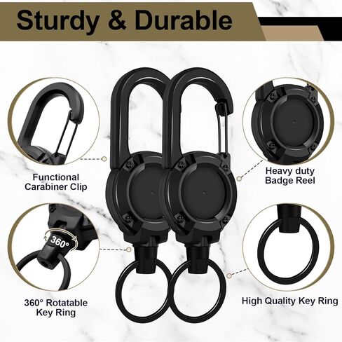 Retractable Keychain 2 Piece Heavy Duty Carabiner Badge Holder Retractable Badge Reel Key Ring Key Holder for 8.0 oz with 24" Steel Cord Lanyard Clip (Black) in Saudi Arabia